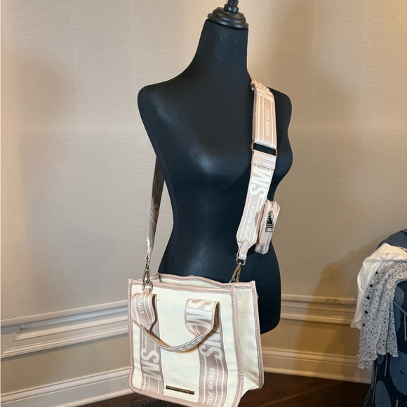 Steve Madden Beige Canvas Tote Crossbody with Logo Strap & Coin Pouch - Picture 8 of 9